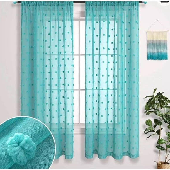 Anthropologie Teal Pom Pom Curtain Panels (2) - Picture 5 of 6